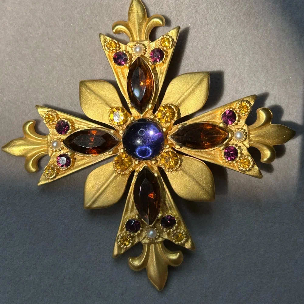 Maltese Cross with Fleur de Lis Brooch Rhinestone Purple Brown Gold Signed